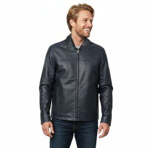 Dockers Men's Vegan Faux Leather Stand Collar Jacket Dark Navy Blue Zip Front